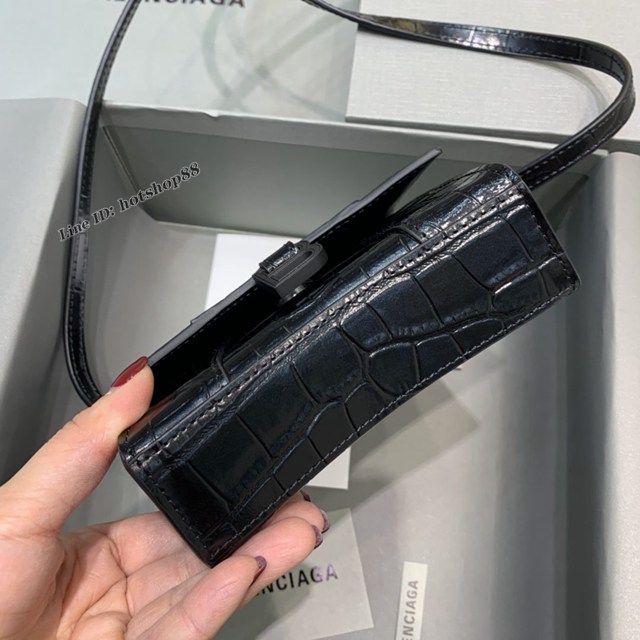 Balenciaga專櫃爆款迷你鱷魚黑配黑扣手提女包 巴黎世家mini Hourglass沙漏包 fyj1931